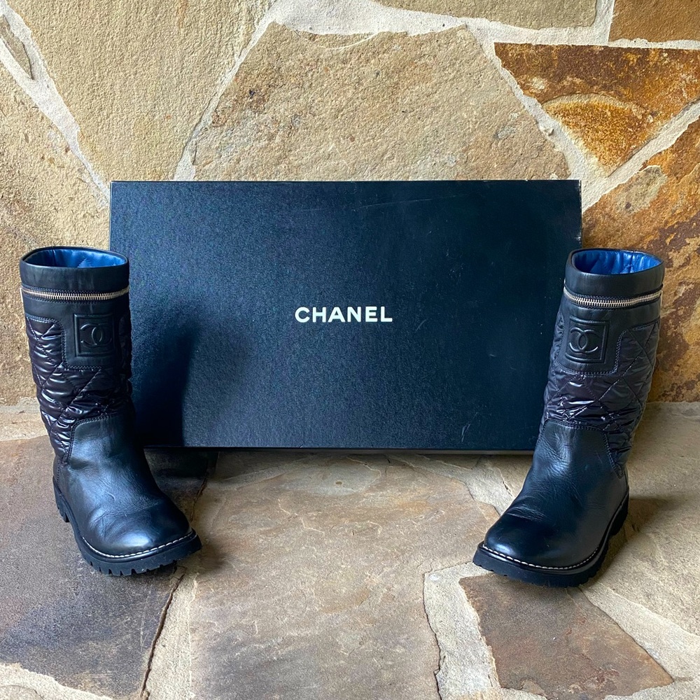 Authentic CHANEL black quilted motorcycle boots